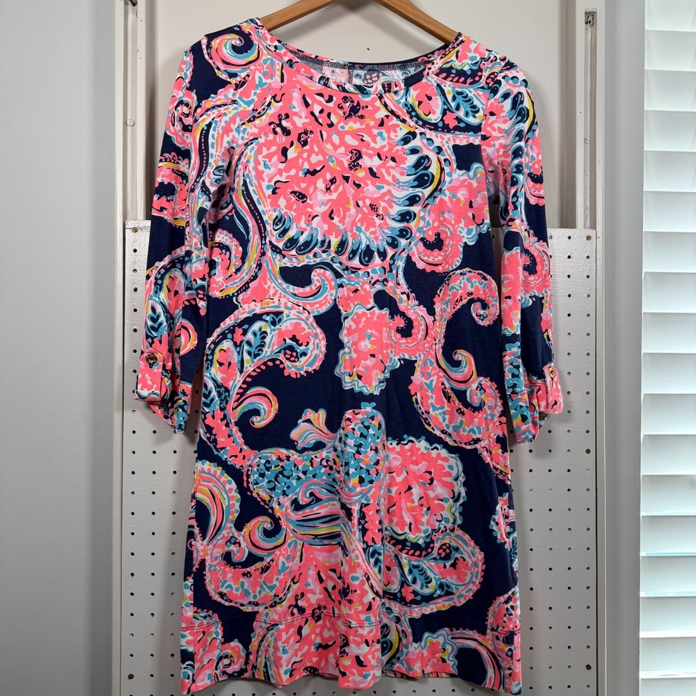 Lilly Pulitzer Linden Dress Womens XS Multi Paisley Roll Tab Sleeve A-Line Shift